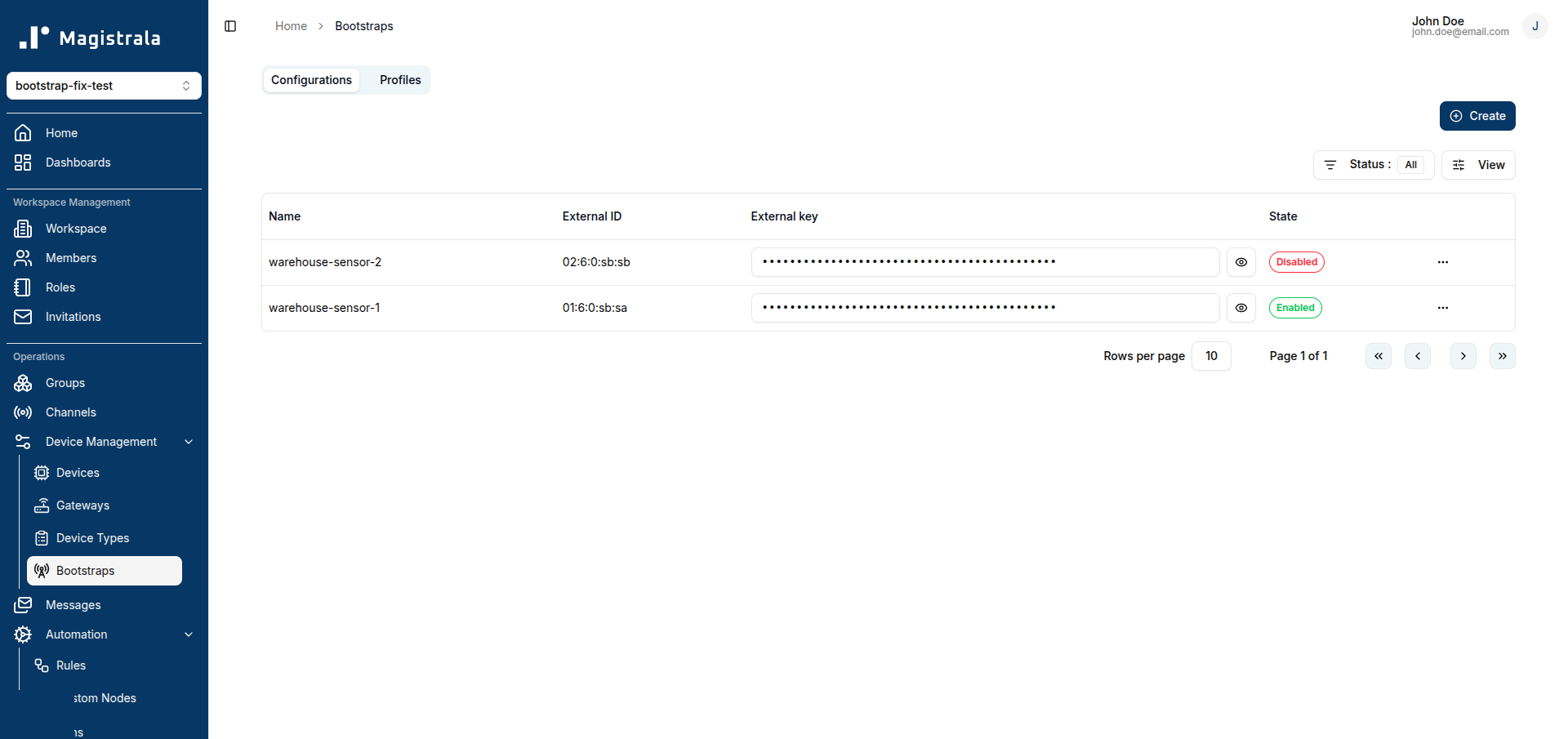 Bootstrap Configurations list filtered to All statuses