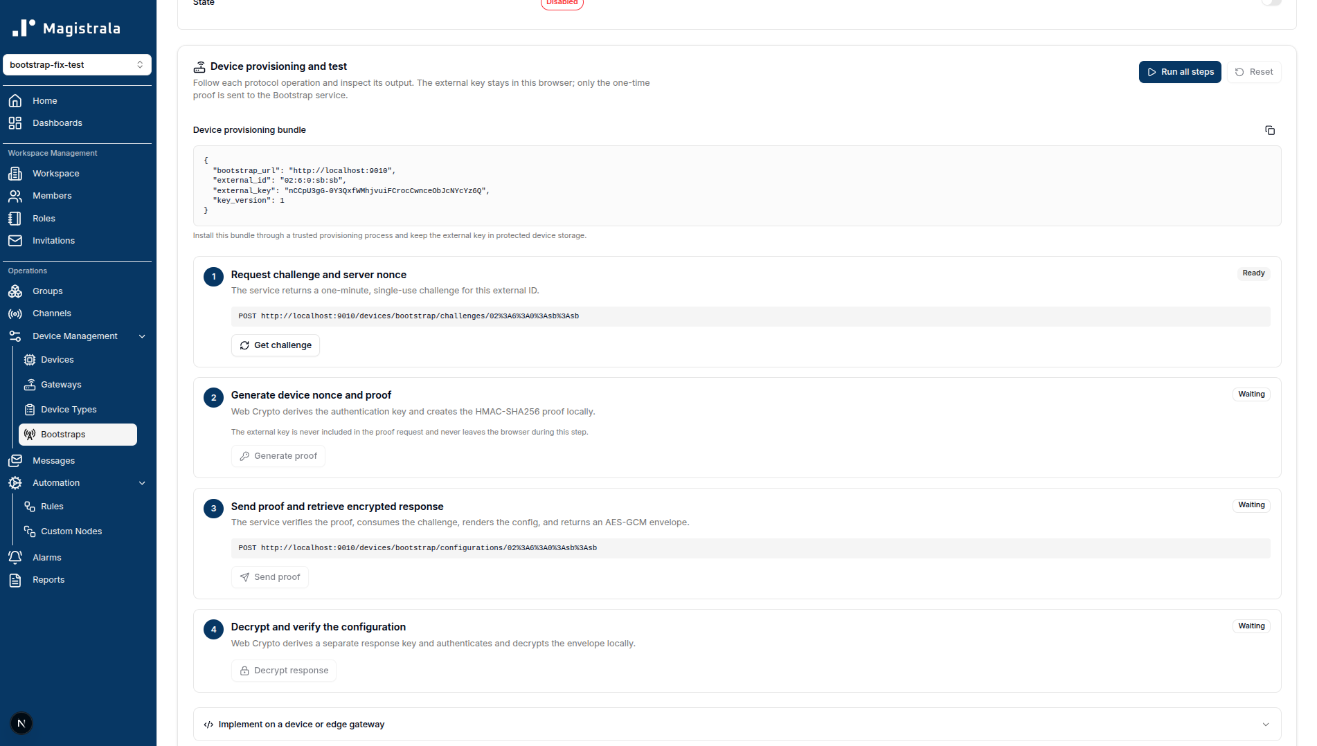 Bootstrap Configuration detail page with the device provisioning and test panel and its bindings