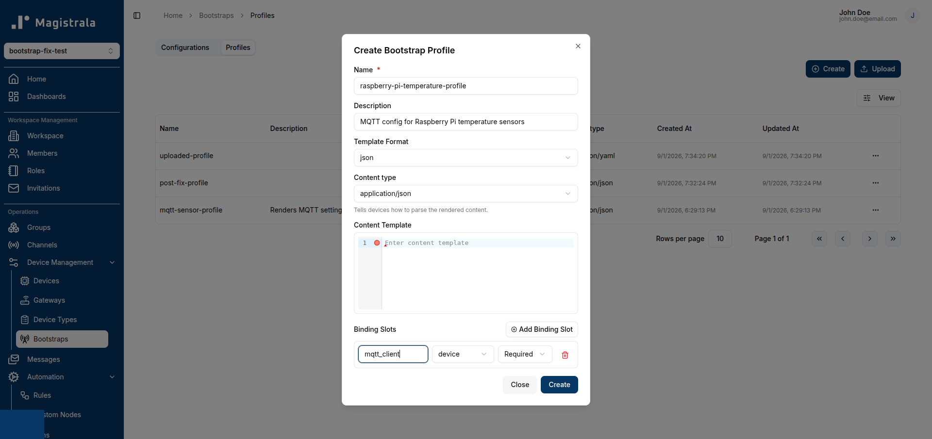 Create Bootstrap Profile dialog with a device binding slot