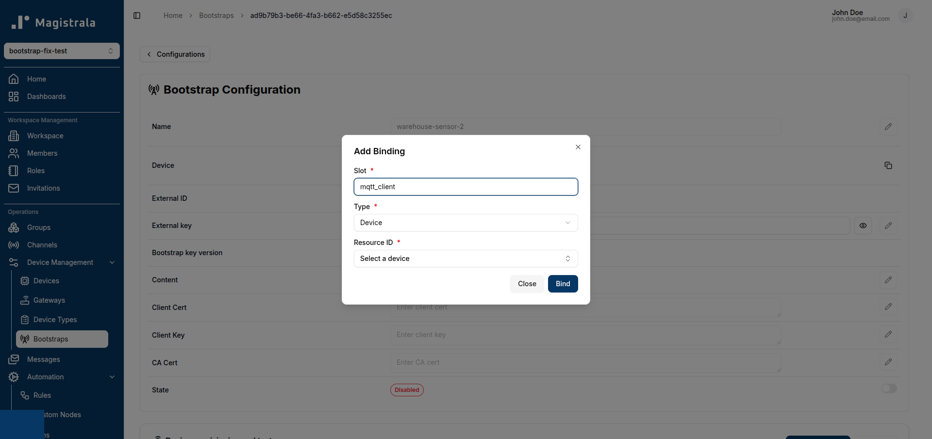 Add Binding dialog with a device resource type