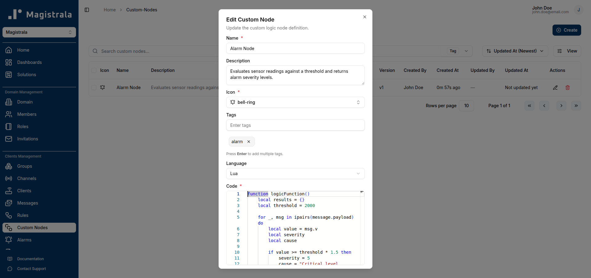 Edit Custom Node dialog