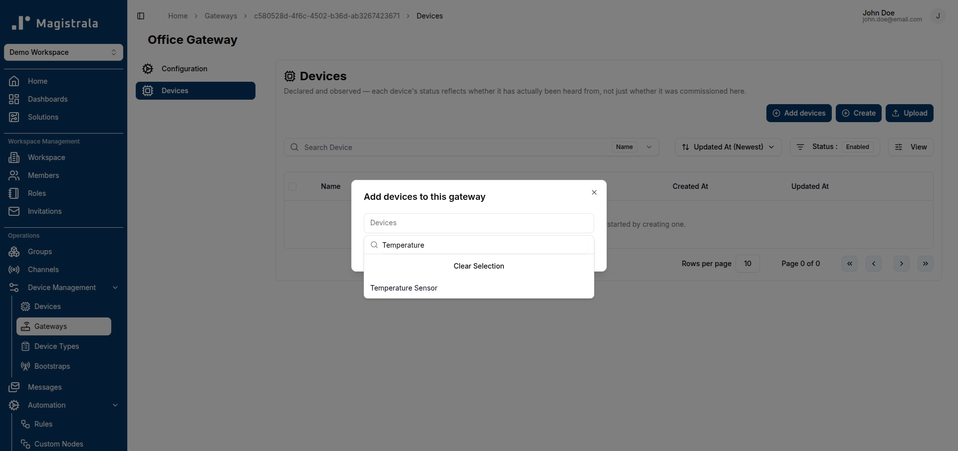 Add devices to gateway dialog