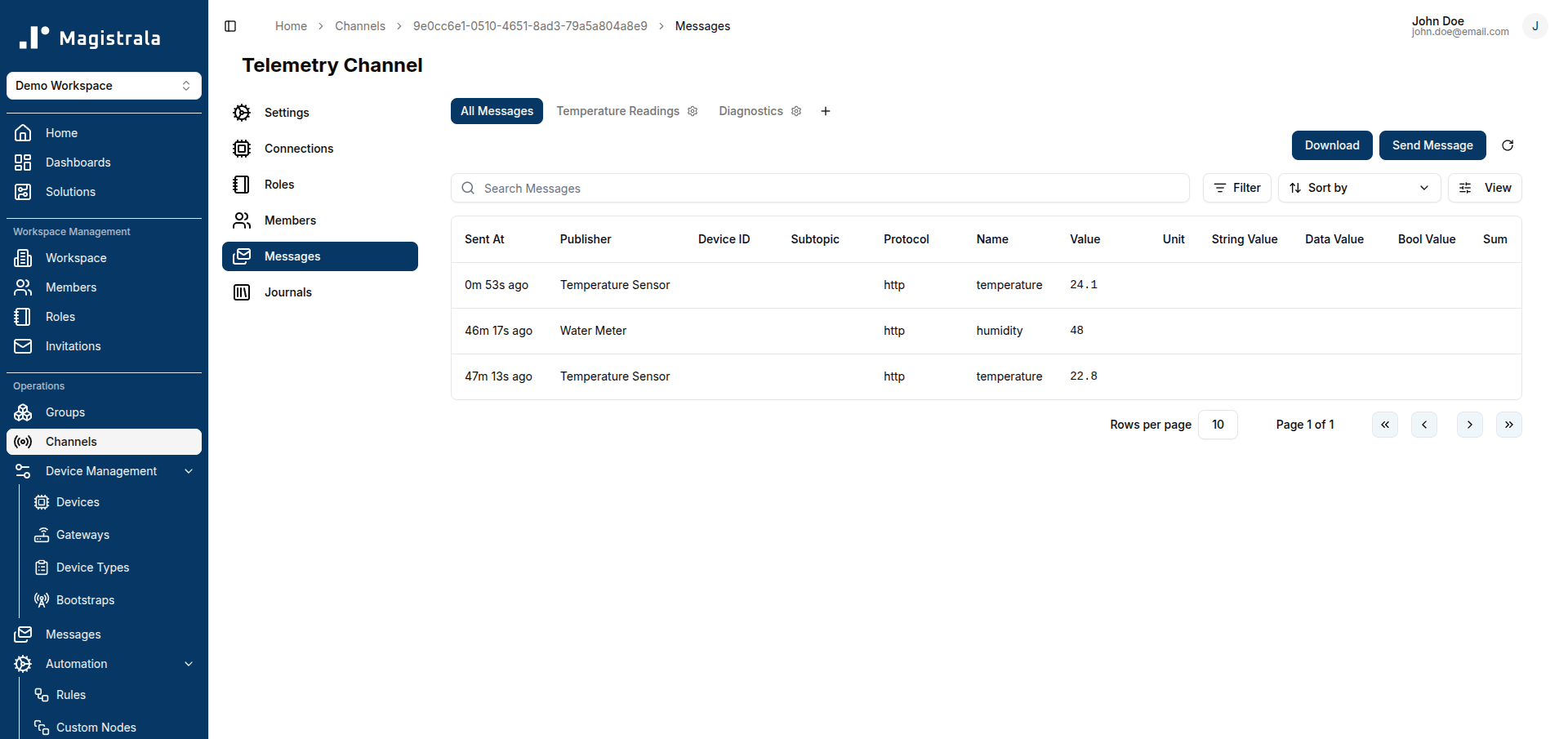 Messages page with three view tabs: All Messages, Diagnostics, and Temperature Readings
