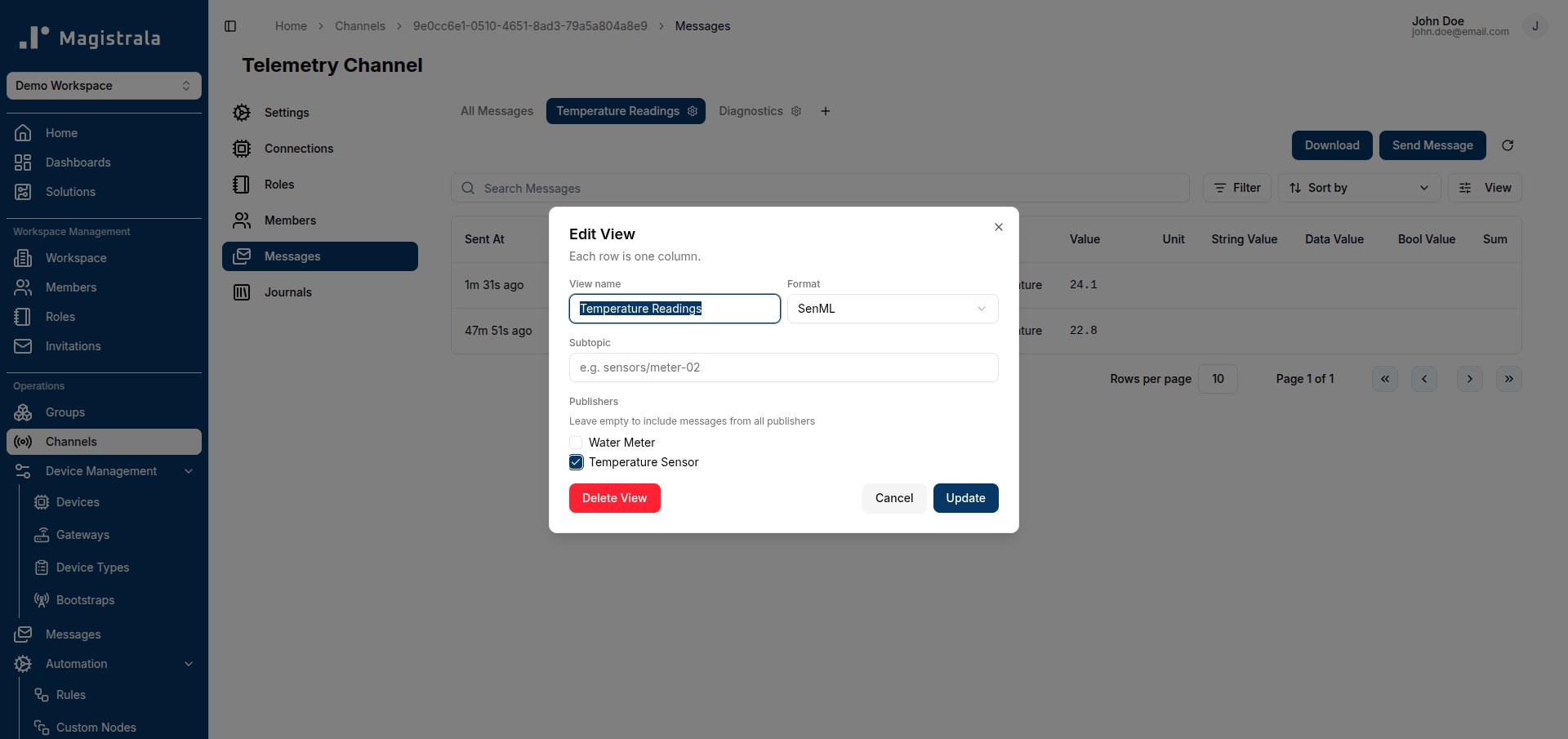 Edit View dialog for a SenML view, with the Delete View button