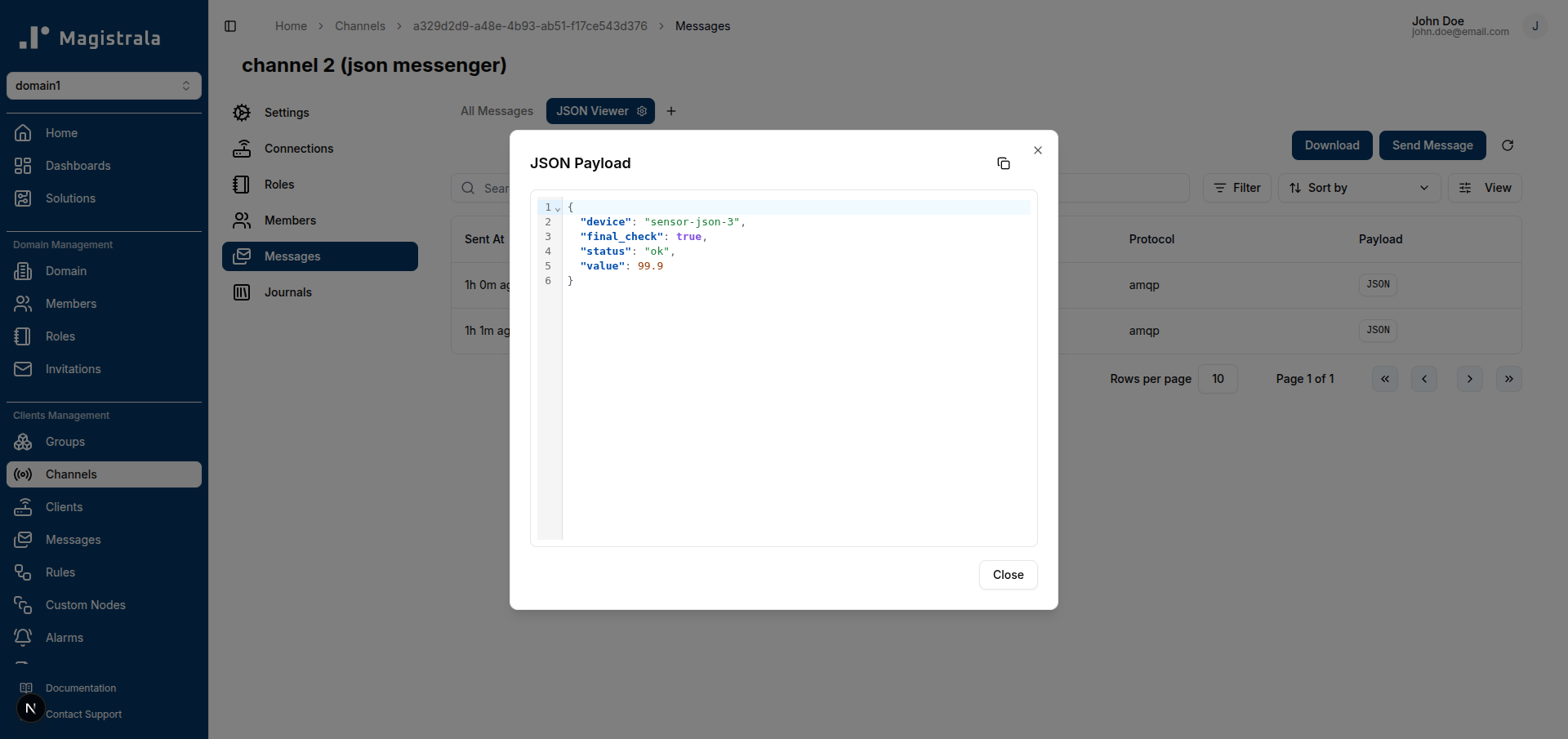 JSON Payload dialog showing a formatted, syntax-highlighted message payload