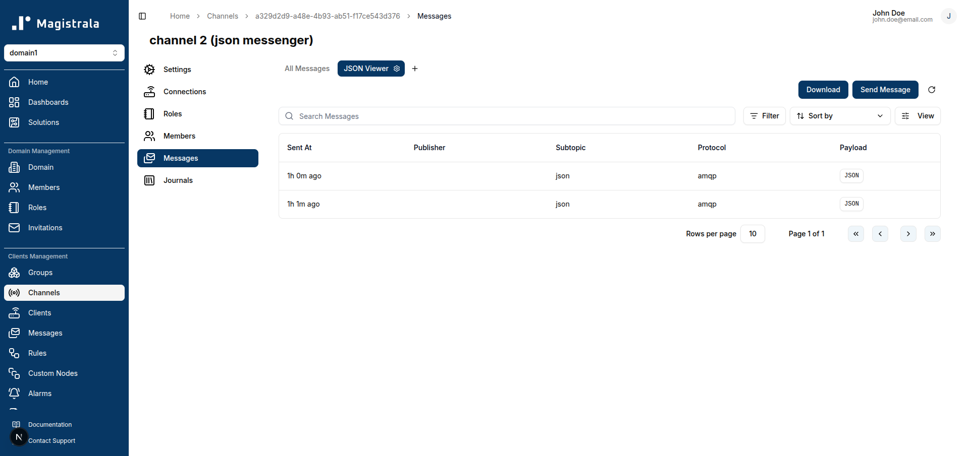 JSON Viewer view showing two populated JSON messages with a Payload column