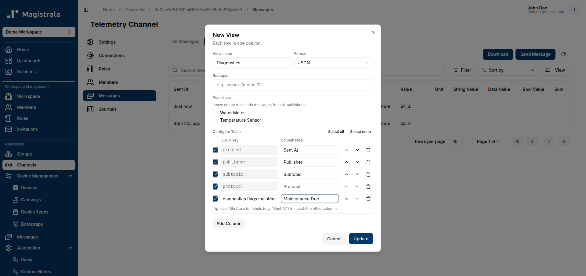 New View dialog with JSON format selected, showing the column configurator with a custom dot-notation key