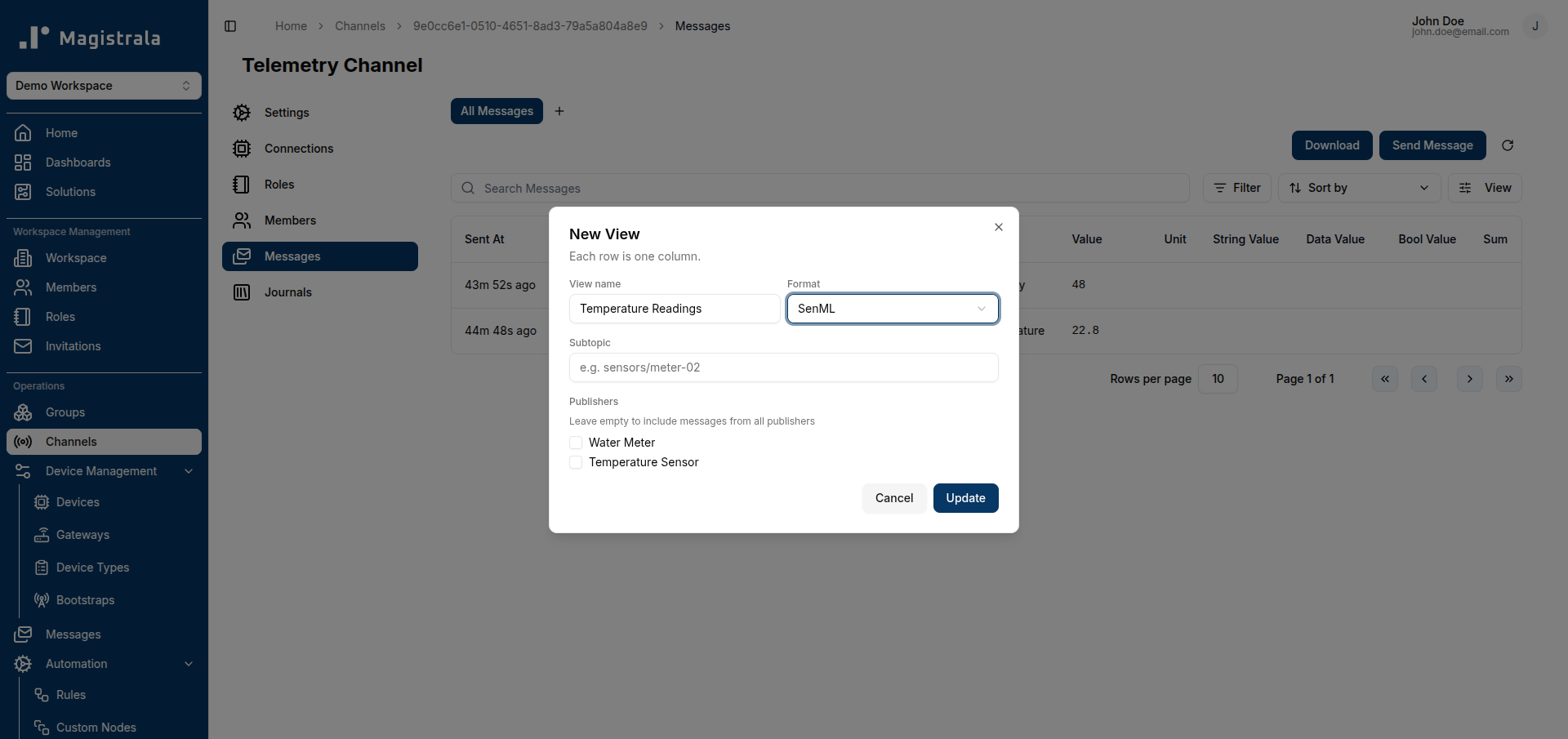 New View dialog with SenML format selected — no column configurator shown