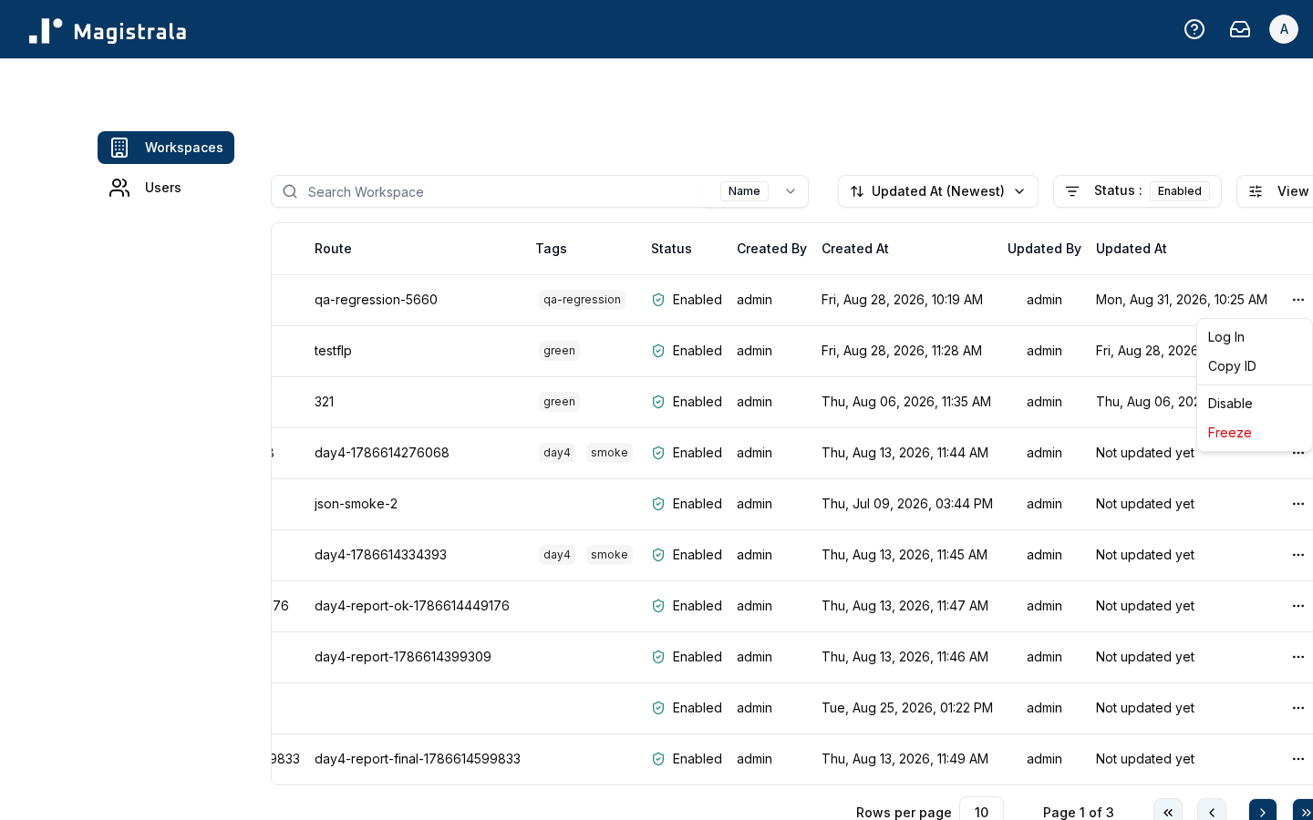 Workspace Actions Menu