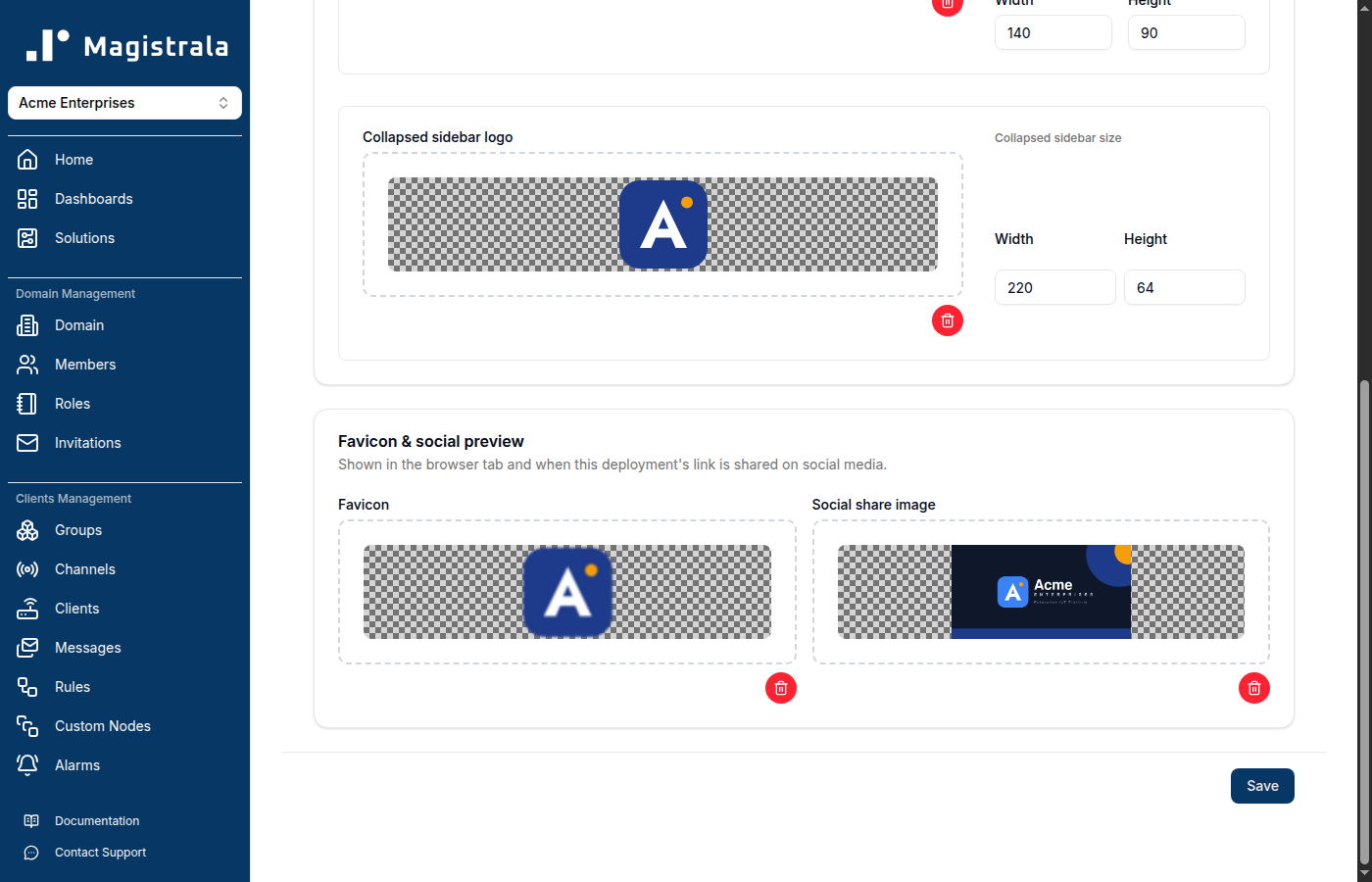 Collapsed sidebar logo, favicon, and social share image previews